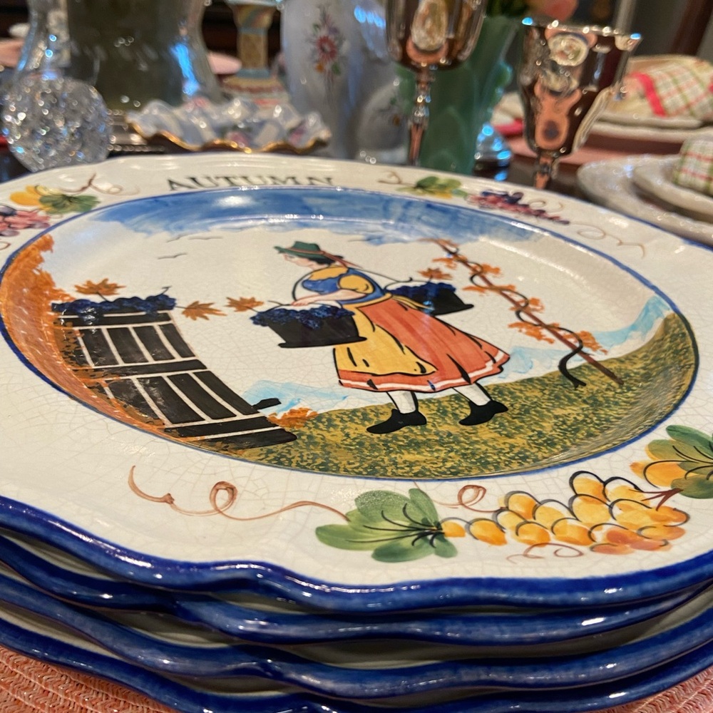 Four Vintage 12” Scalloped Plates Summer, Autumn, Winter, Spring Beautiful deets